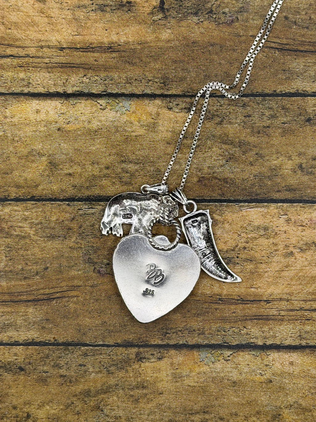 Corina-Charm Necklace with a Pink Dahlia Turquoise Heart and Elephant and Tooth Charms