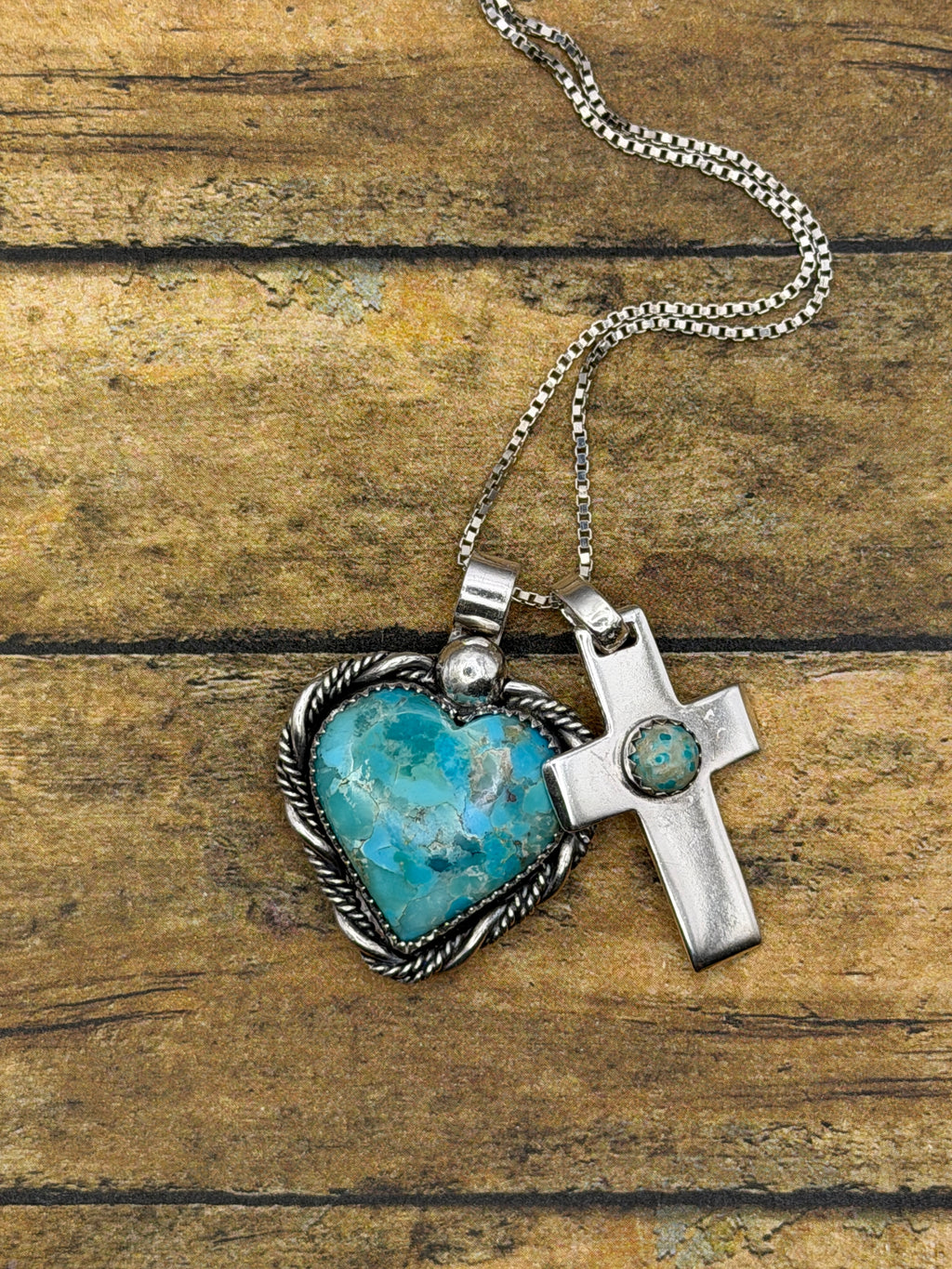 Barbara-Charm Necklace with Turquoise Heart and Cross Charms