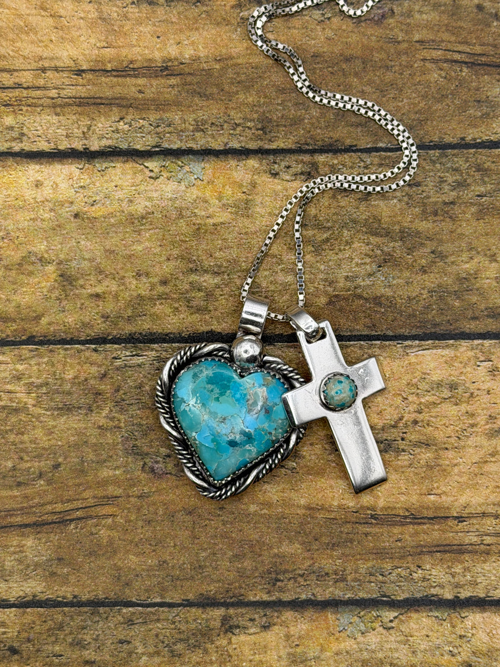 Barbara-Charm Necklace with Turquoise Heart and Cross Charms
