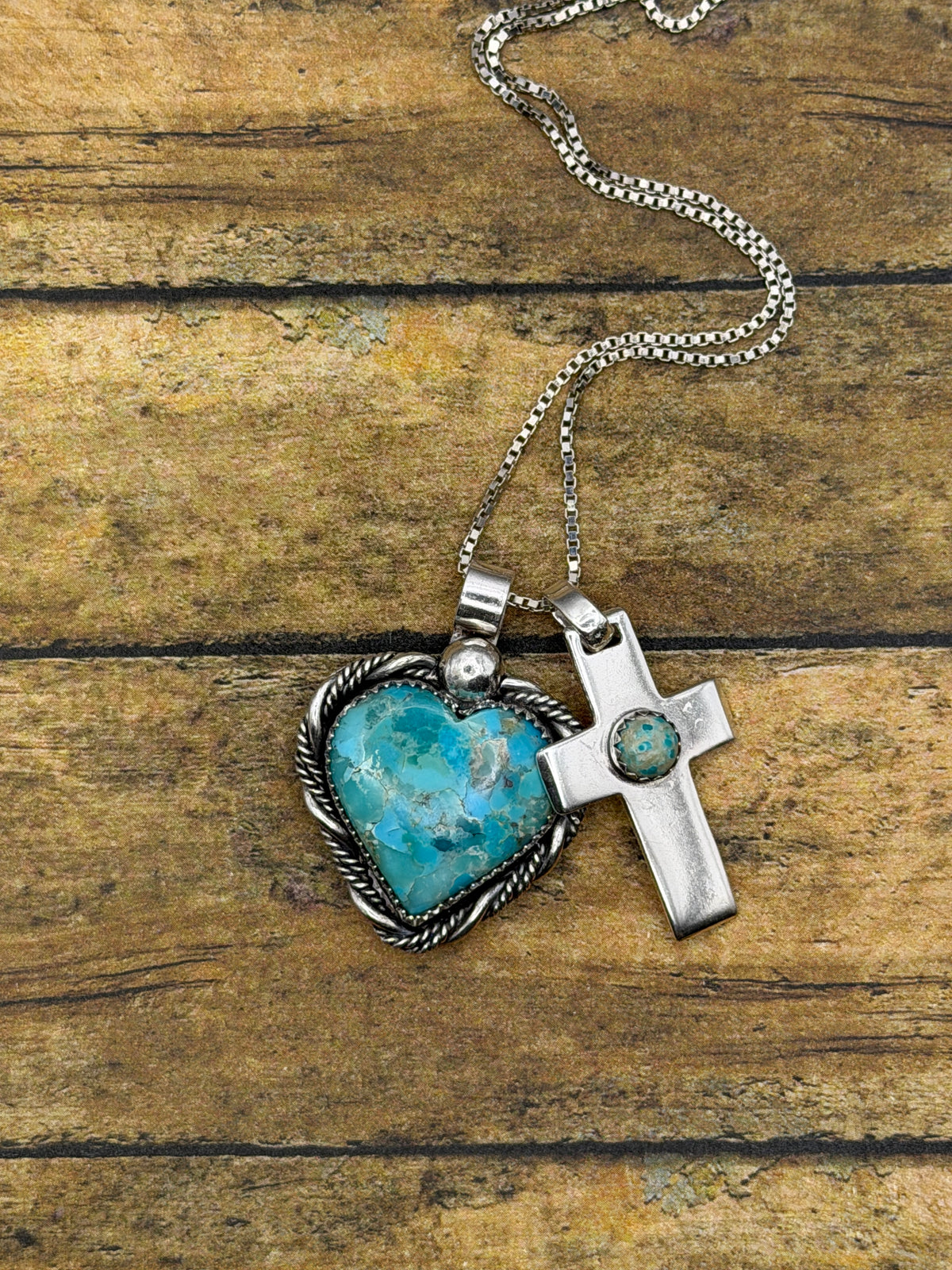Barbara-Charm Necklace with Turquoise Heart and Cross Charms