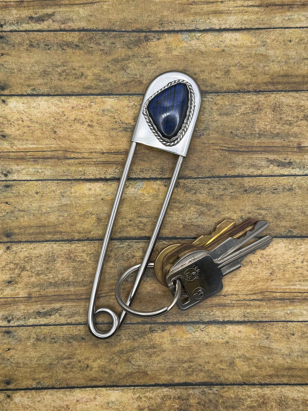 Harvey-Labradorite Jumbo Safety Pin Keychain | Gemstone Bag Charm | Southwestern Jewelry