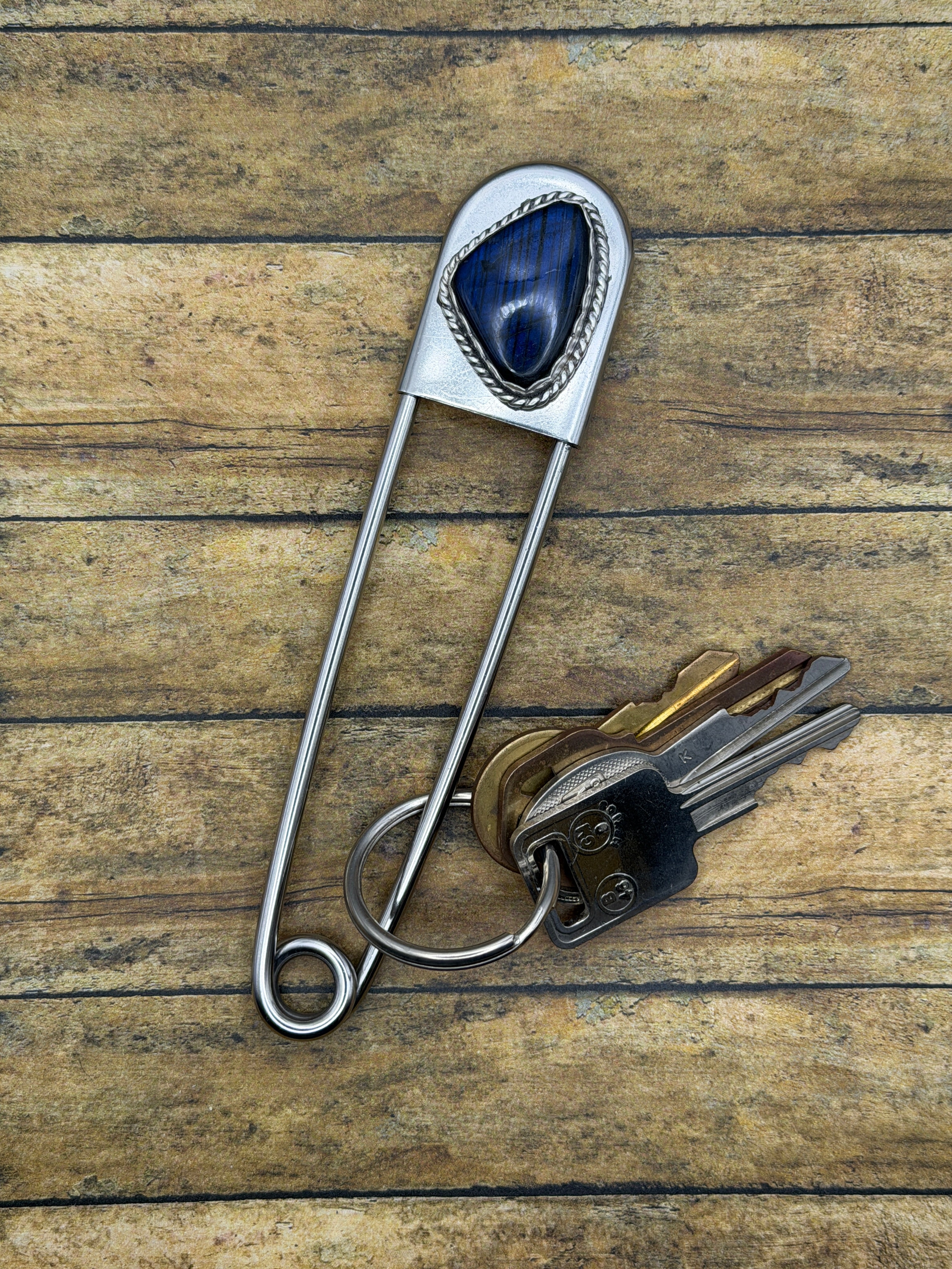 Harvey-Labradorite Jumbo Safety Pin Keychain | Gemstone Bag Charm | Southwestern Jewelry