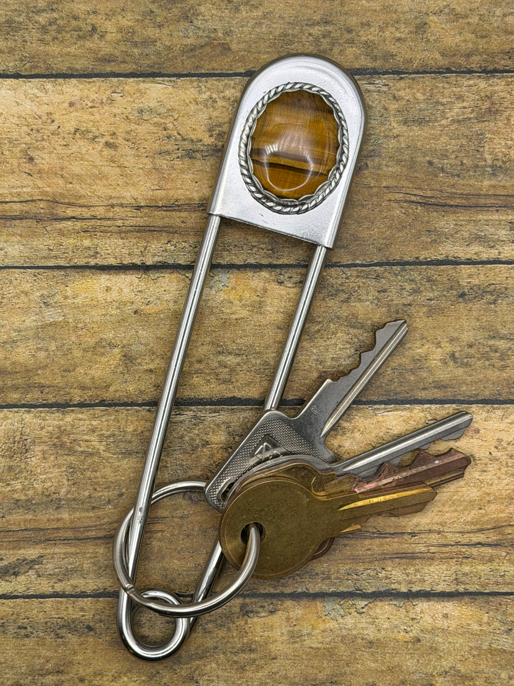 Irving-Jumbo Safety Pin Keychain with Tiger Eye | Gemstone Keychain | Western Jewelry | Boho Rocker Accessory