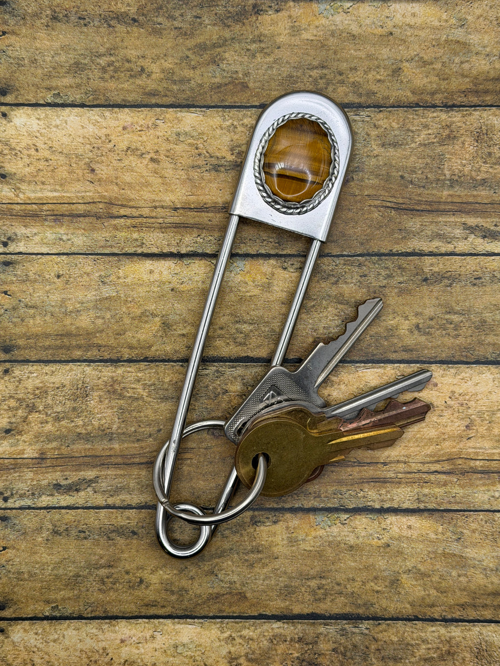 Irving-Jumbo Safety Pin Keychain with Tiger Eye | Gemstone Keychain | Western Jewelry | Boho Rocker Accessory