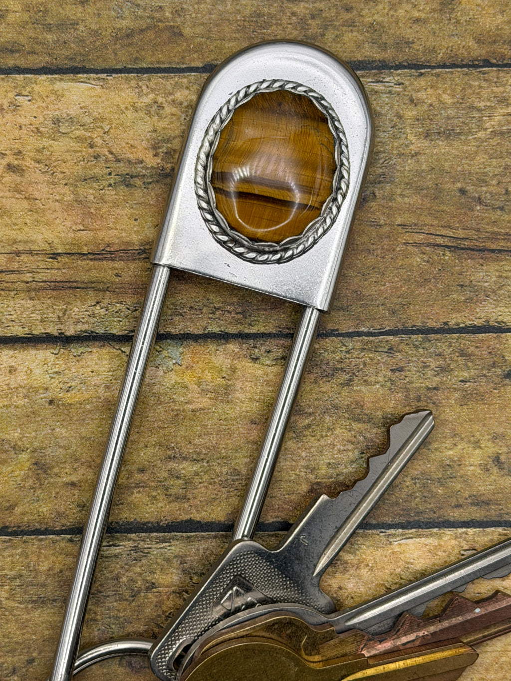 Irving-Jumbo Safety Pin Keychain with Tiger Eye | Gemstone Keychain | Western Jewelry | Boho Rocker Accessory