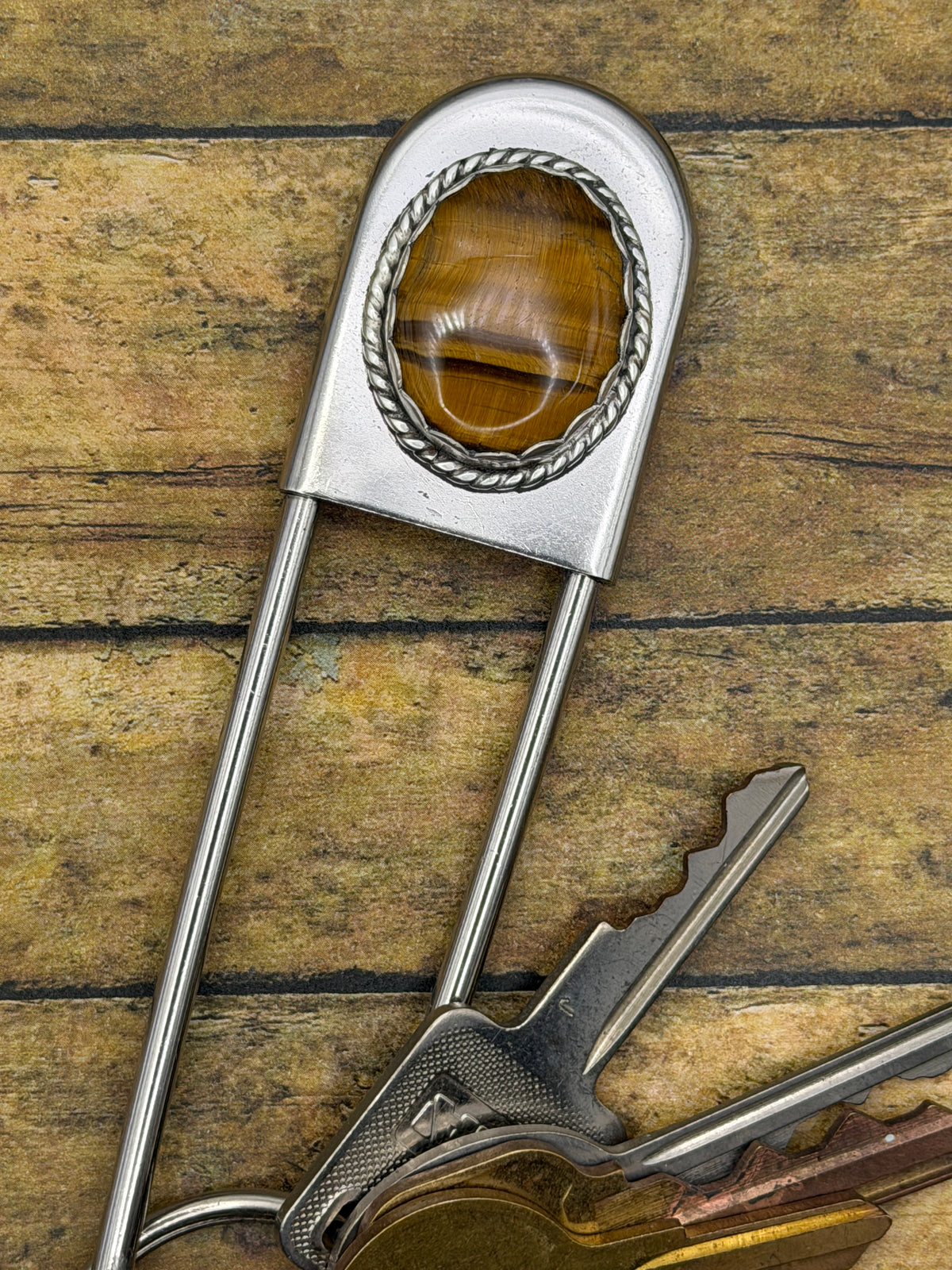 Irving-Jumbo Safety Pin Keychain with Tiger Eye | Gemstone Keychain | Western Jewelry | Boho Rocker Accessory