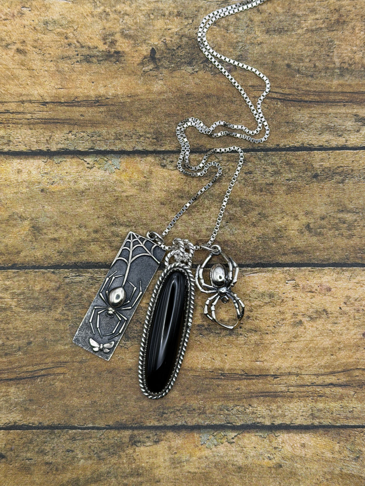 Devyn-Black Onyx Pendant with Spider & Spiderweb Charms