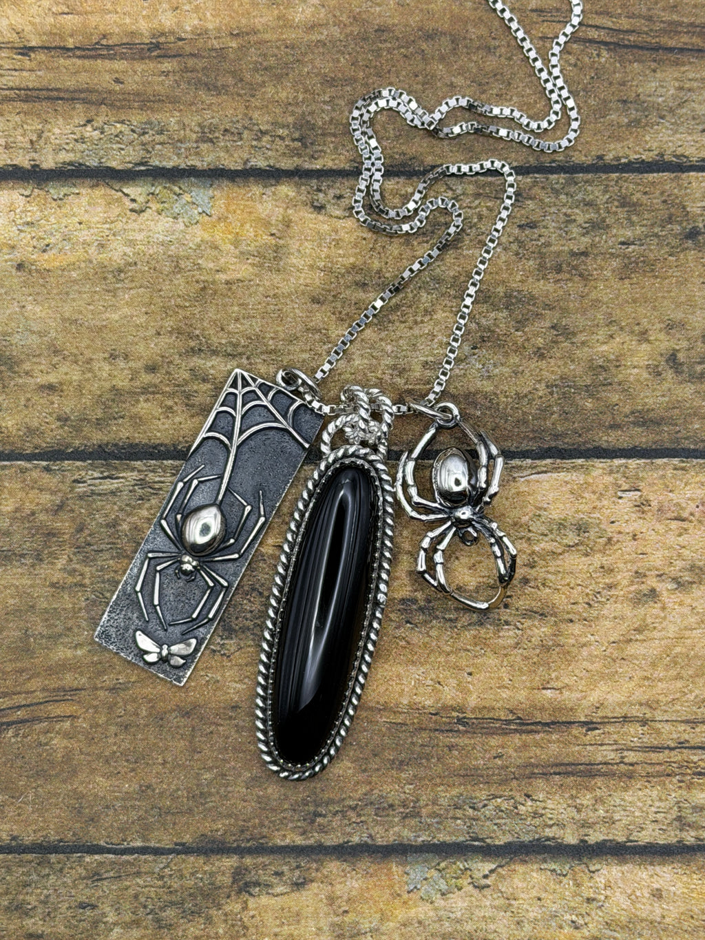 Devyn-Black Onyx Pendant with Spider & Spiderweb Charms