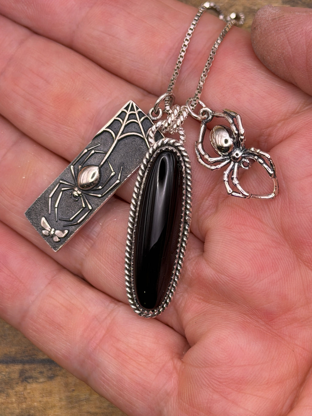 Devyn-Black Onyx Pendant with Spider & Spiderweb Charms