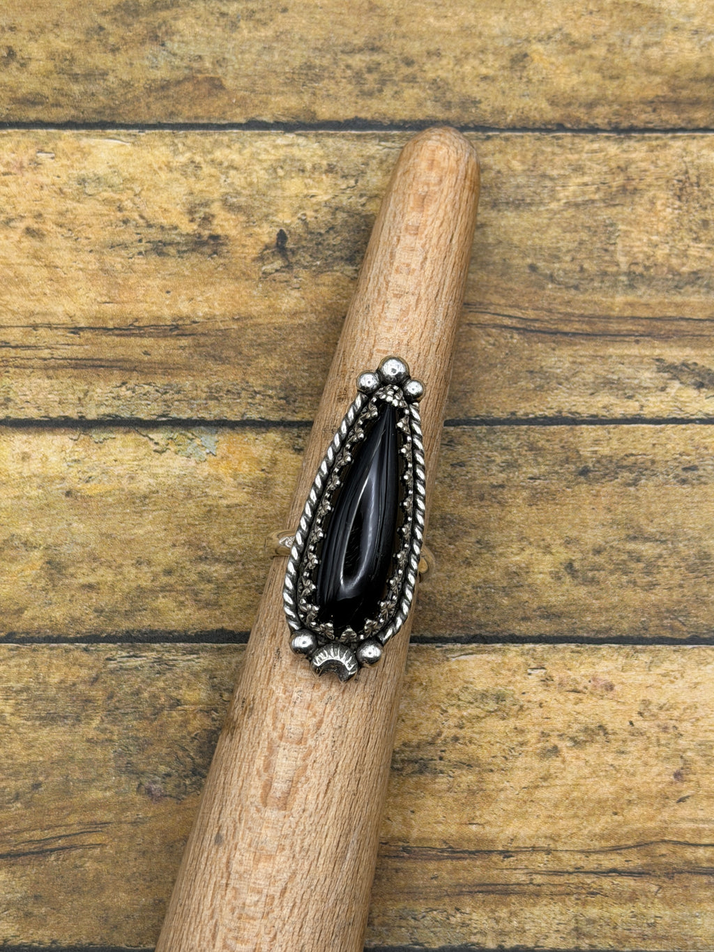 Demi-Black Teardrop Onyx Ring with Moon Accent