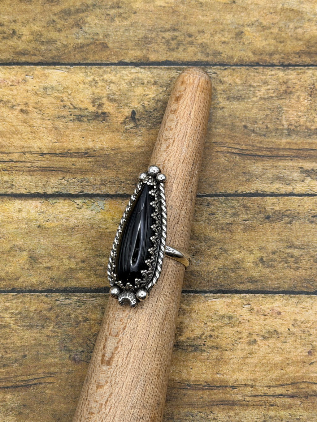 Demi-Black Teardrop Onyx Ring with Moon Accent