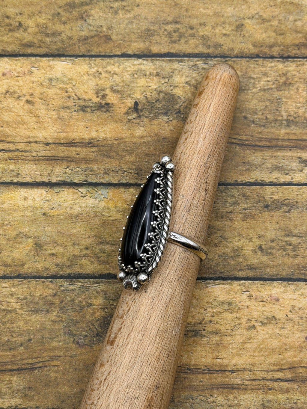 Demi-Black Teardrop Onyx Ring with Moon Accent