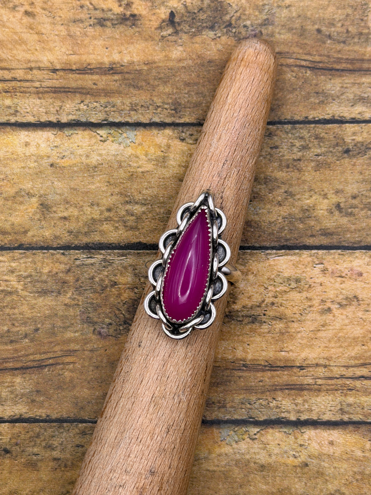 Evelyn – Pink Chalcedony Teardrop Statement Ring with Chain Detail | Sterling Silver | Boho Rock & Roll Jewelry