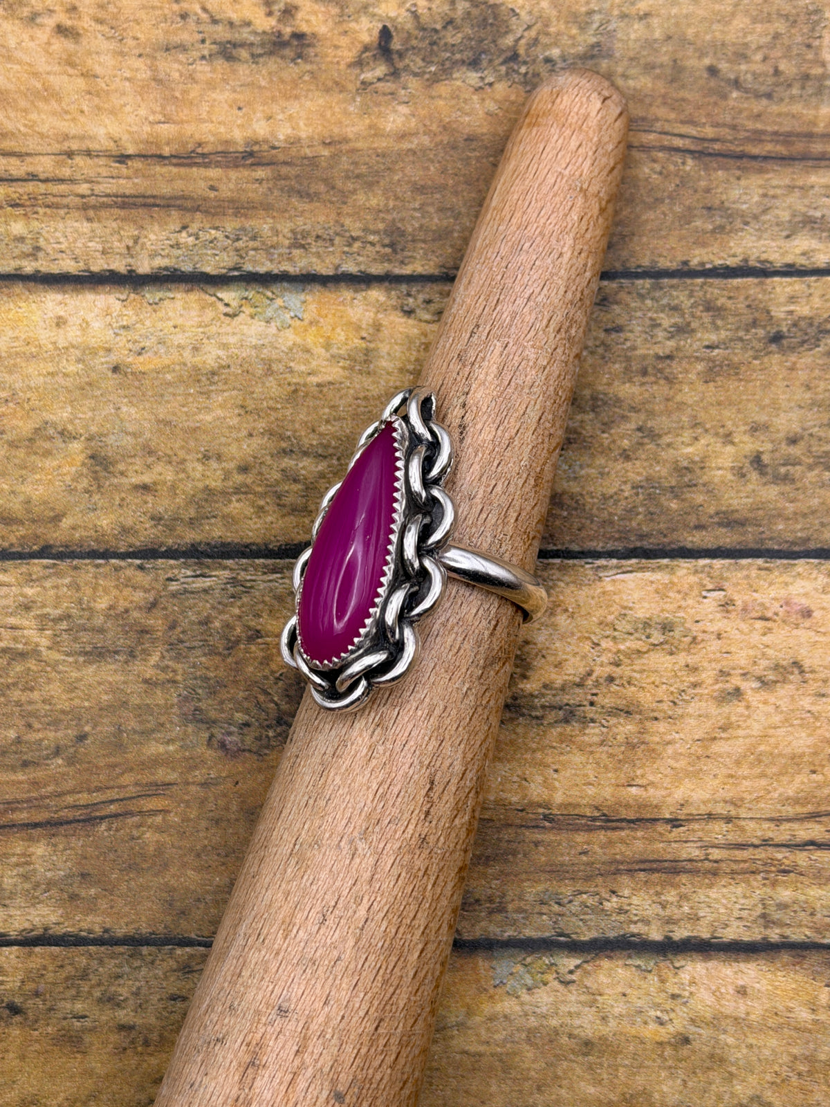 Evelyn – Pink Chalcedony Teardrop Statement Ring with Chain Detail | Sterling Silver | Boho Rock & Roll Jewelry