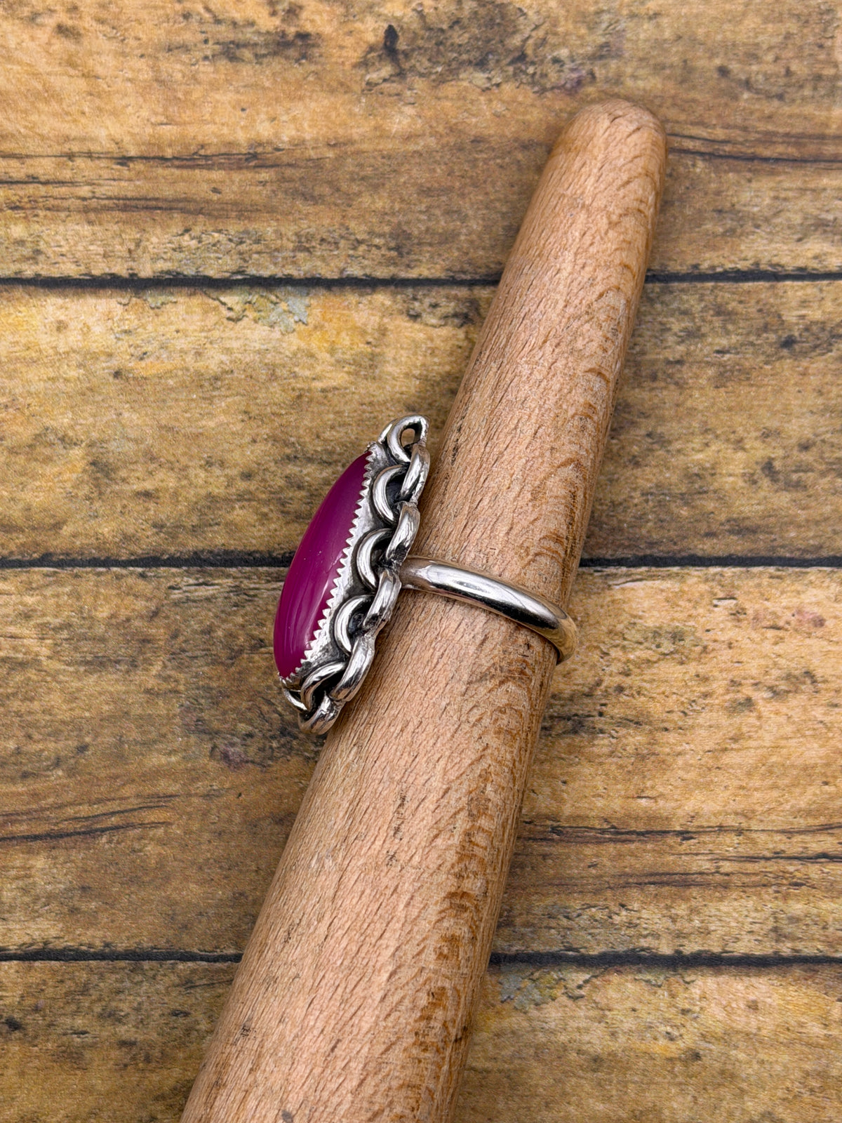 Evelyn – Pink Chalcedony Teardrop Statement Ring with Chain Detail | Sterling Silver | Boho Rock & Roll Jewelry