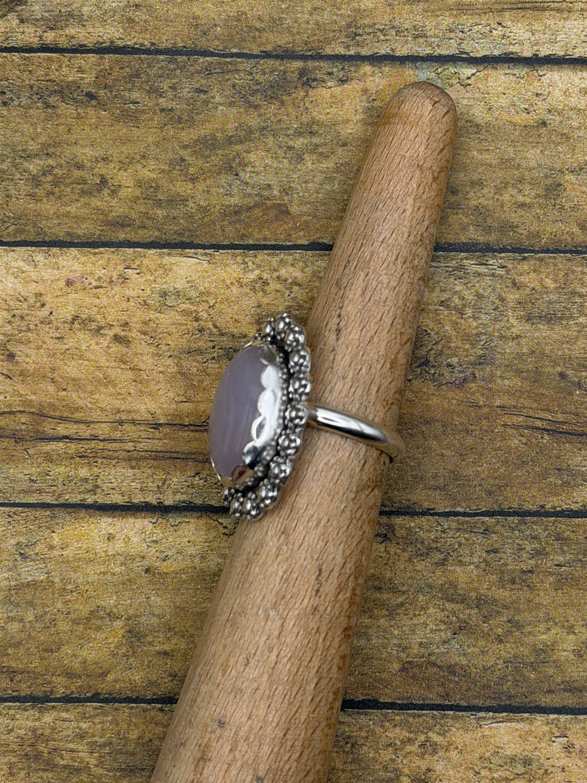 Frankie – Rose Quartz Oval Statement Ring with Flower Detail | Sterling Silver | Boho Jewelry