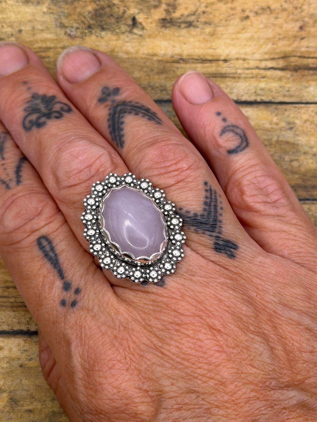 Frankie – Rose Quartz Oval Statement Ring with Flower Detail | Sterling Silver | Boho Jewelry