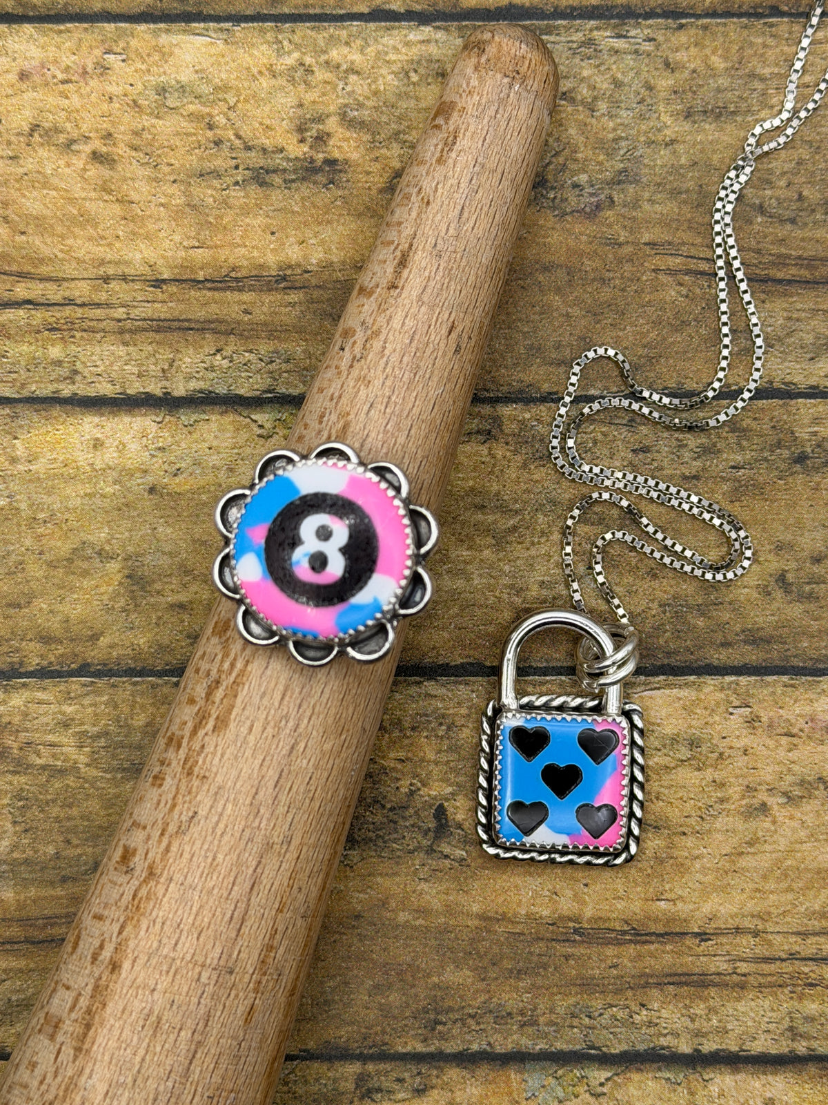 Zoe – Cotton Candy Trustone Dice with Heart Pips Faux Lock Choker | Retro Vegas | Rock & Roll Jewelry