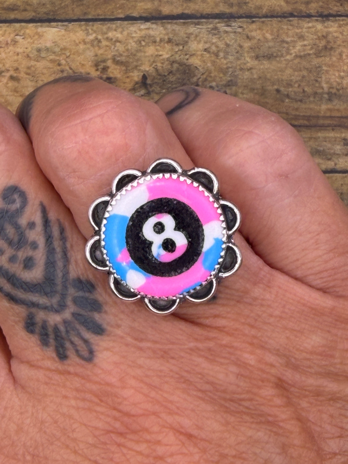 Siena – Cotton Candy Trustone 8-Ball Ring | Sterling Silver | Rockabilly Jewelry