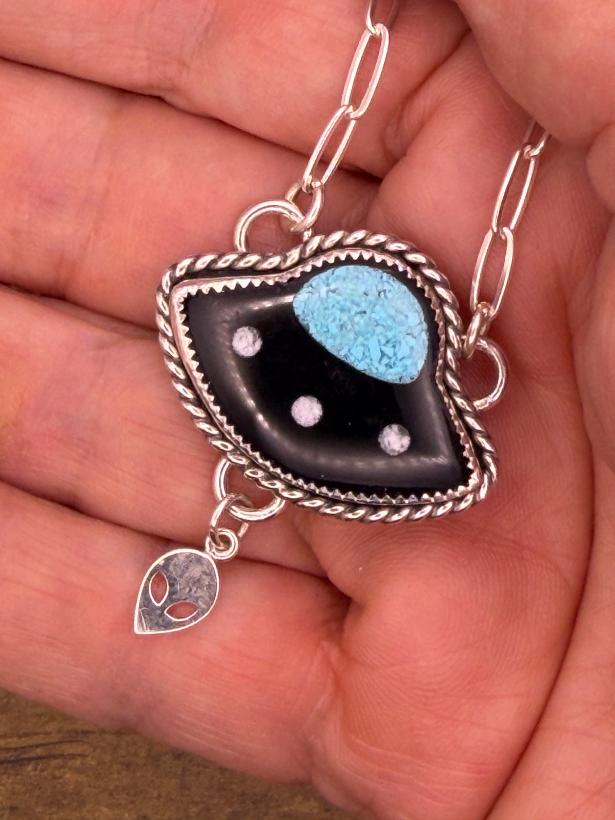Tyler – Trustone & Turquoise UFO Pendant | Sterling Silver | Alien Jewelry