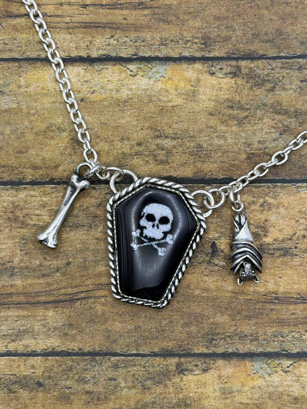 Winslow – Black Trustone Coffin Skull & Bones Charm Necklace | Gothic Jewelry | Dark Occult Style