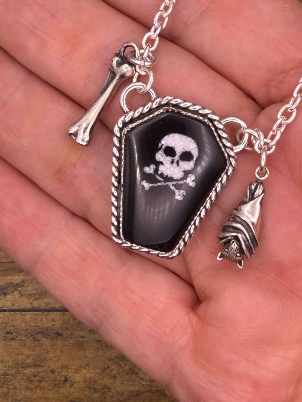 Winslow – Black Trustone Coffin Skull & Bones Charm Necklace | Gothic Jewelry | Dark Occult Style