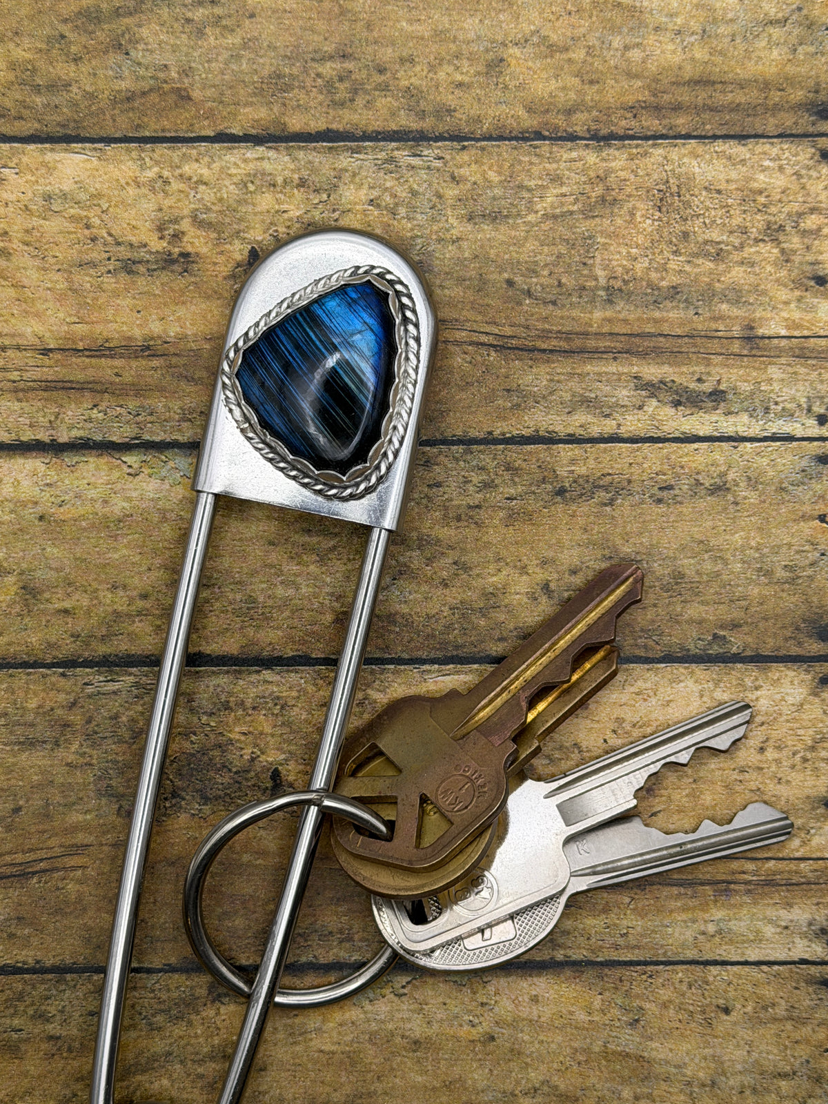 Halow - Labradorite Jumbo Safety Pin Keychain | Gemstone Bag Charm | Southwestern Jewelry