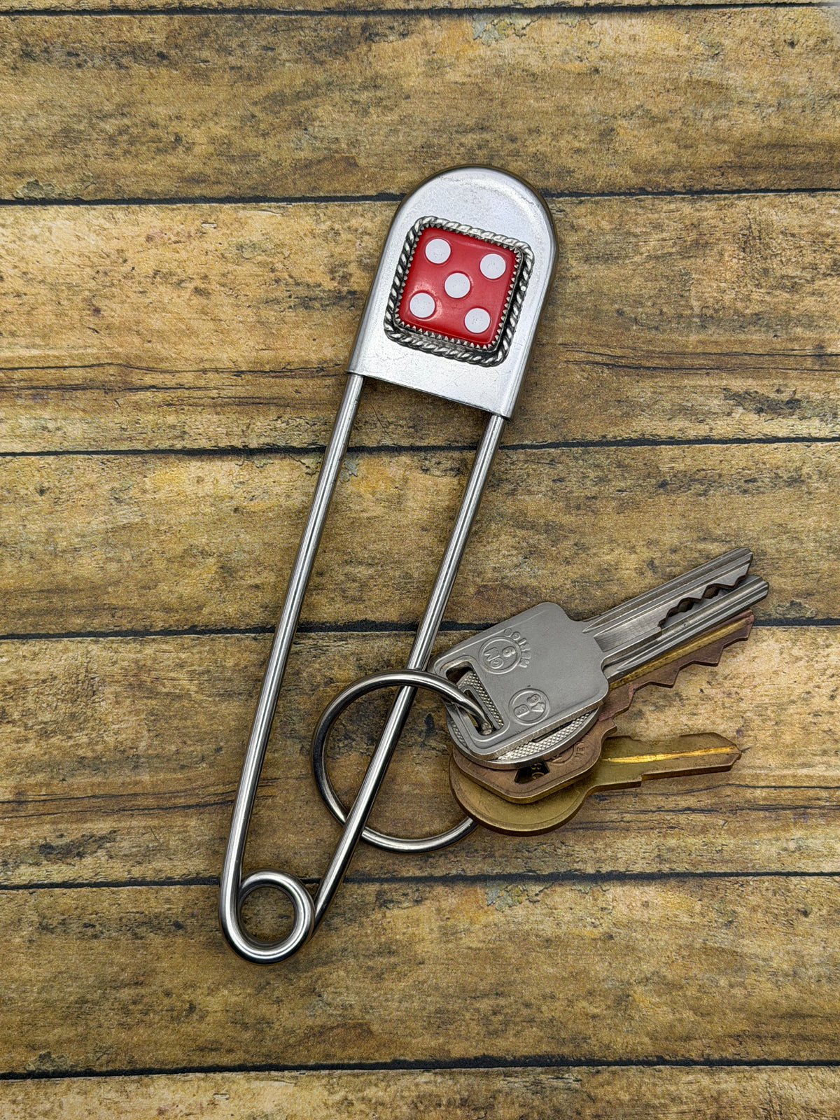 Zuri – Red Dice #5 Jumbo Safety Pin Keychain | Retro Casino Accessory | Lucky Charm