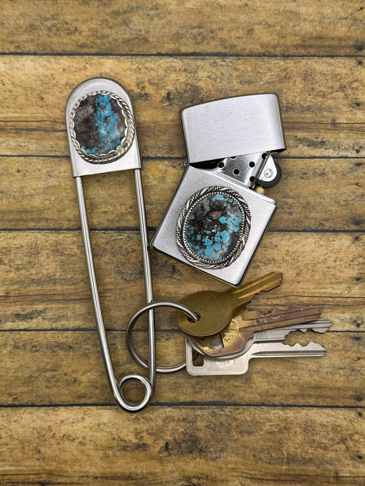 Bradlee-Zippo Lighter with Blue Spiderweb Turquoise Gemstone