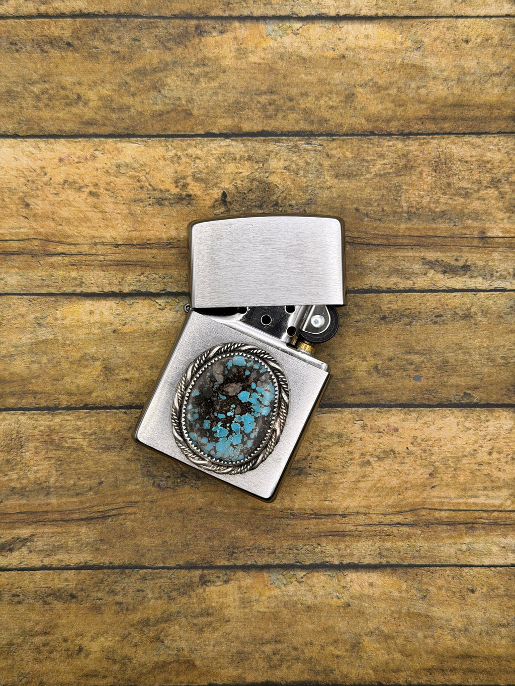 Bradlee-Zippo Lighter with Blue Spiderweb Turquoise Gemstone