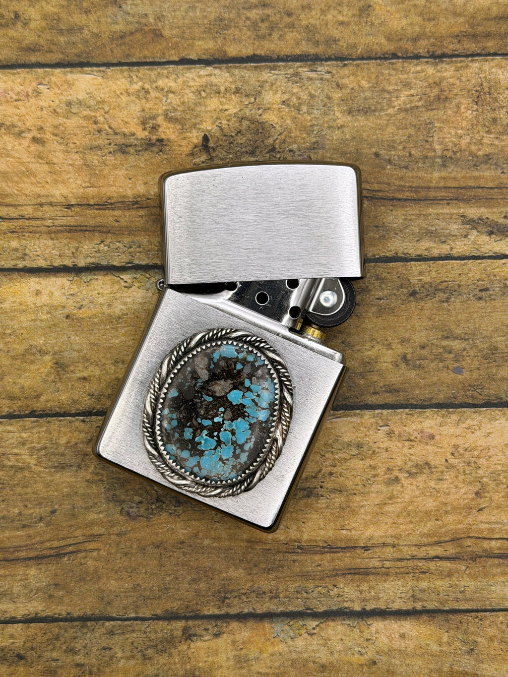 Bradlee-Zippo Lighter with Blue Spiderweb Turquoise Gemstone