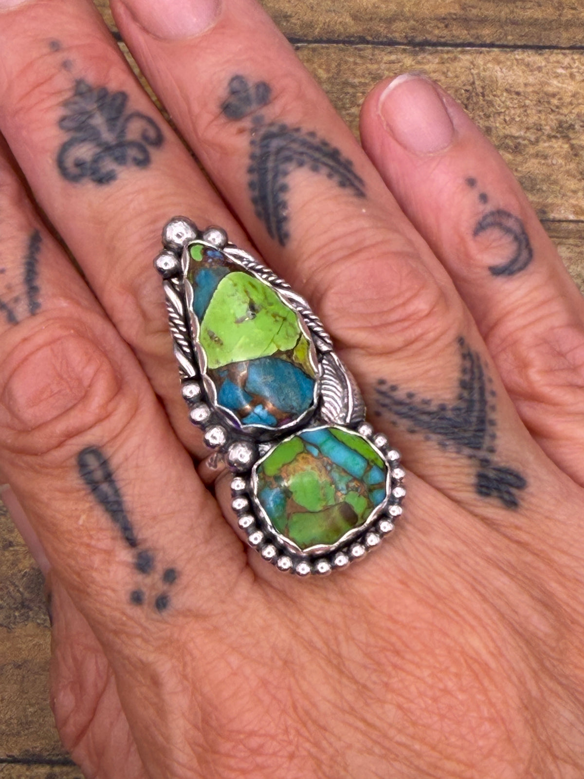 Ciara – Green Mojave Turquoise Double Gemstone Ring | Sterling Silver | Southwestern Jewelry