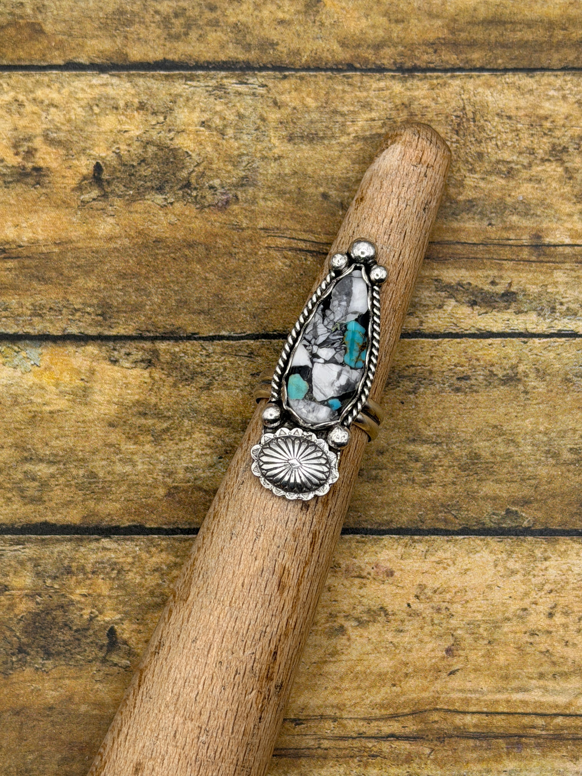 Angie – White Buffalo Turquoise Brass Matrix Ring | Sterling Silver Concho Detail |Southwestern Statement Jewelry