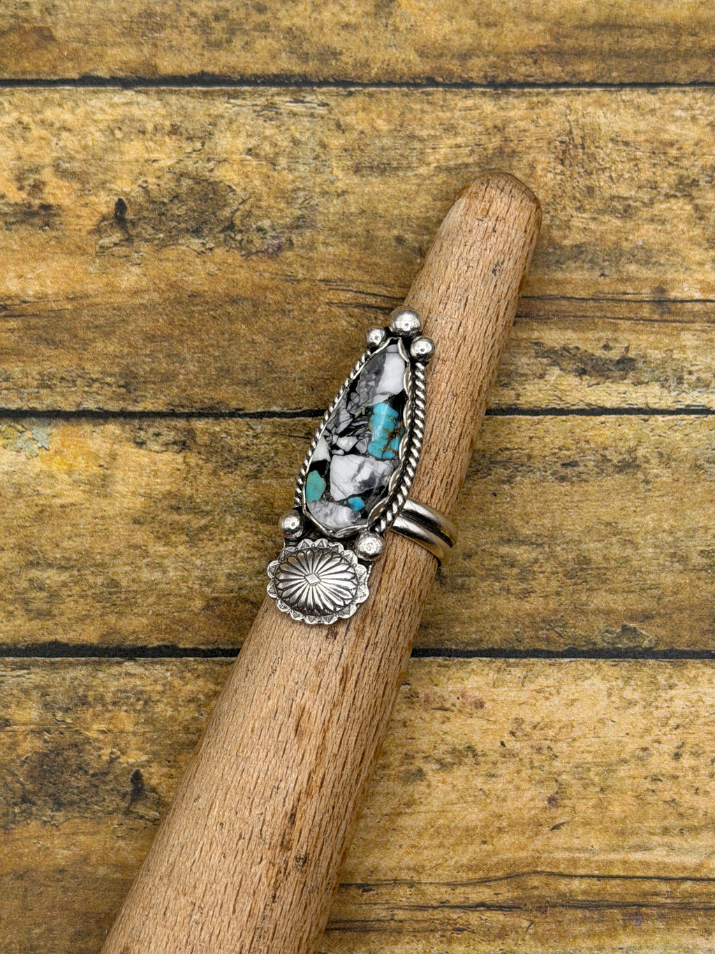 Angie – White Buffalo Turquoise Brass Matrix Ring | Sterling Silver Concho Detail |Southwestern Statement Jewelry