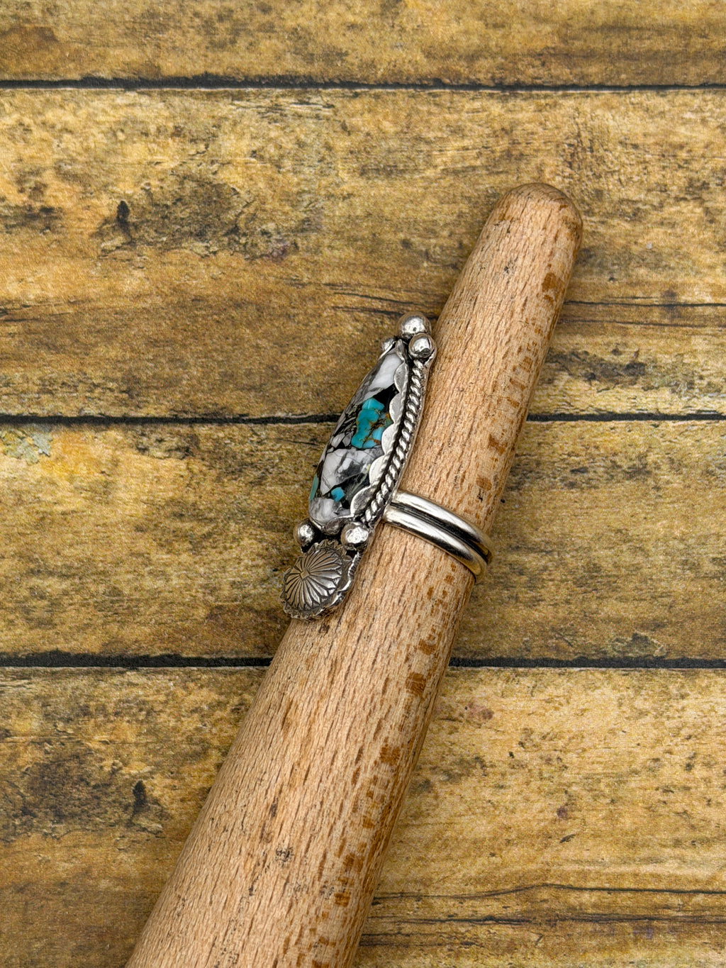 Angie – White Buffalo Turquoise Brass Matrix Ring | Sterling Silver Concho Detail |Southwestern Statement Jewelry