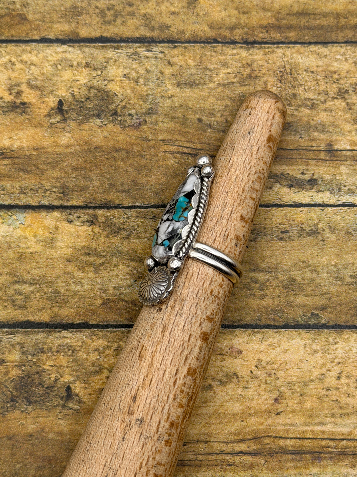 Angie – White Buffalo Turquoise Brass Matrix Ring | Sterling Silver Concho Detail |Southwestern Statement Jewelry