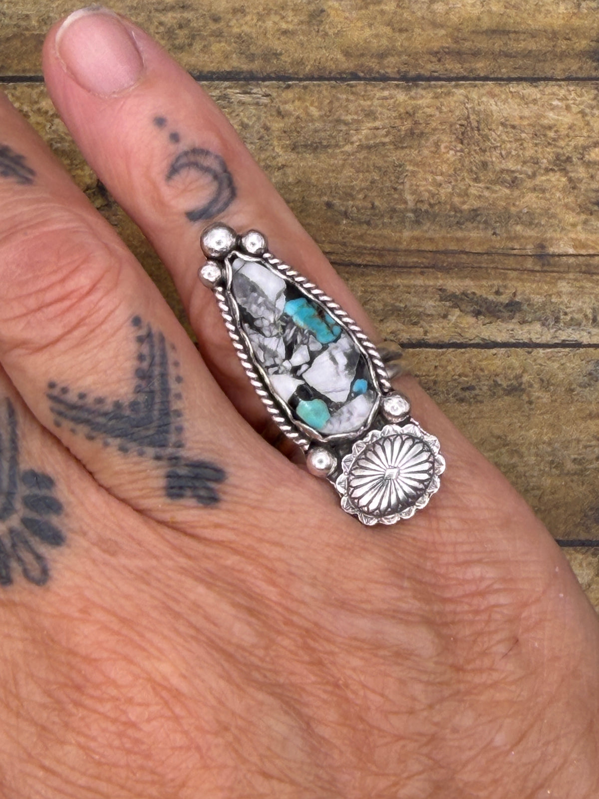 Angie – White Buffalo Turquoise Brass Matrix Ring | Sterling Silver Concho Detail |Southwestern Statement Jewelry