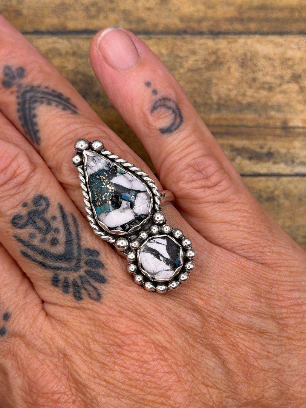 Astrid – White Buffalo Turquoise Brass Matrix Double Gemstone Ring | Sterling Silver |Southwestern Statement Ring
