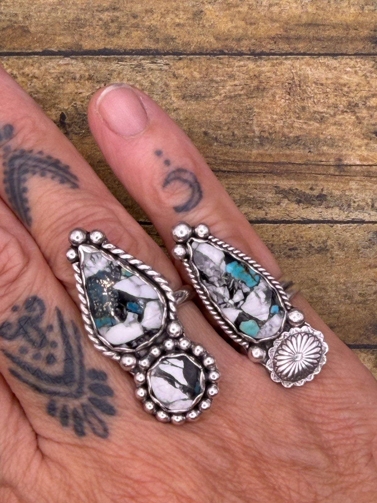Astrid – White Buffalo Turquoise Brass Matrix Double Gemstone Ring | Sterling Silver |Southwestern Statement Ring