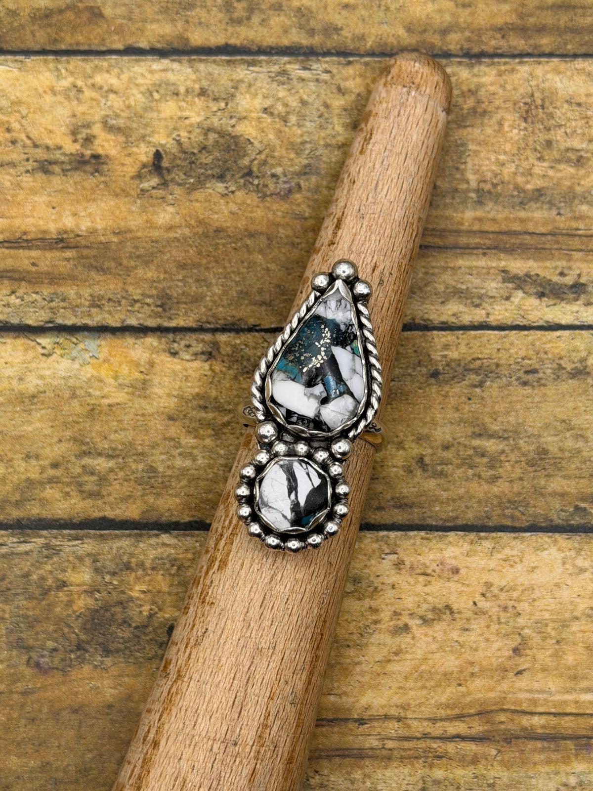 Astrid – White Buffalo Turquoise Brass Matrix Double Gemstone Ring | Sterling Silver |Southwestern Statement Ring