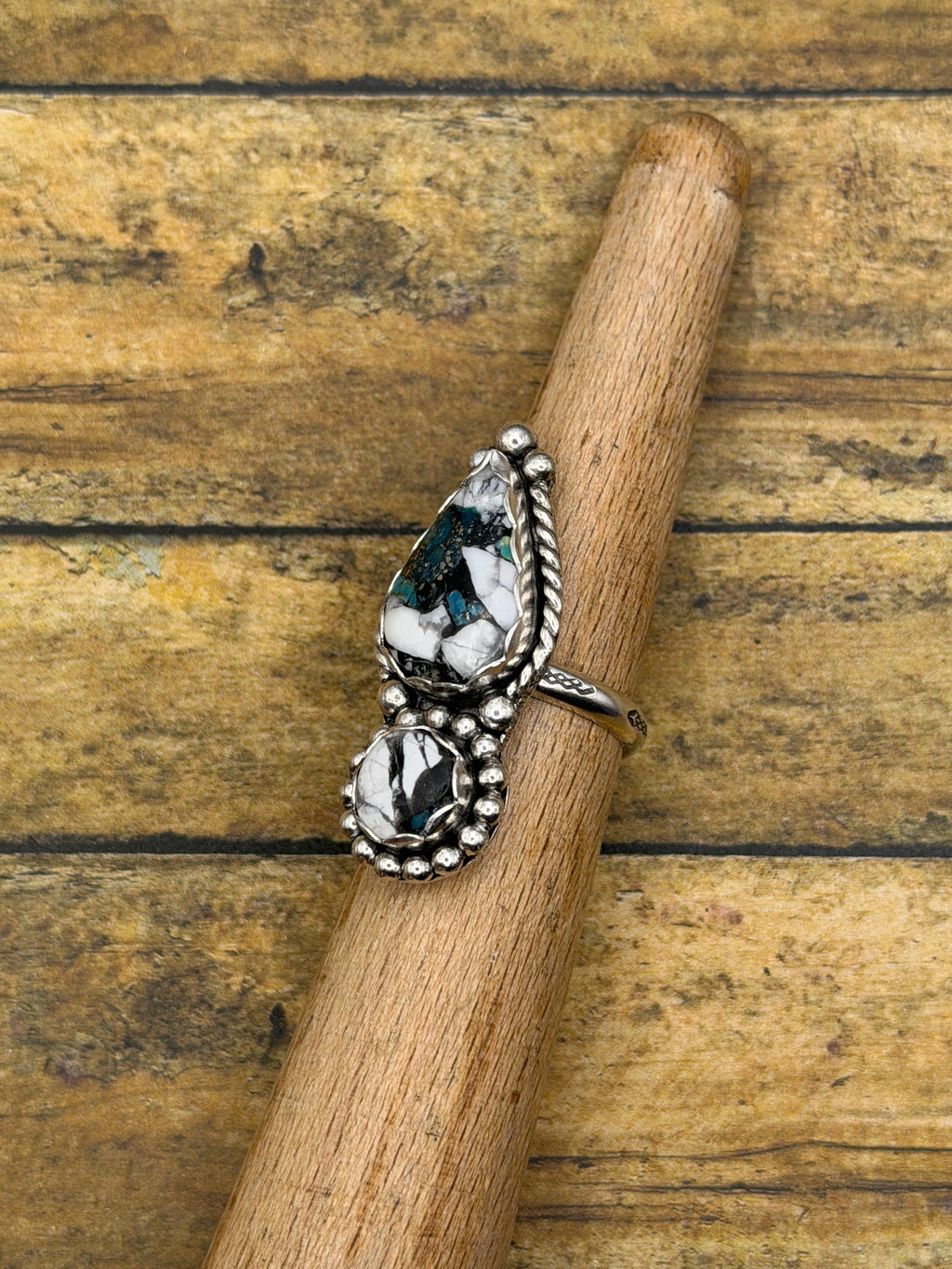 Astrid – White Buffalo Turquoise Brass Matrix Double Gemstone Ring | Sterling Silver |Southwestern Statement Ring
