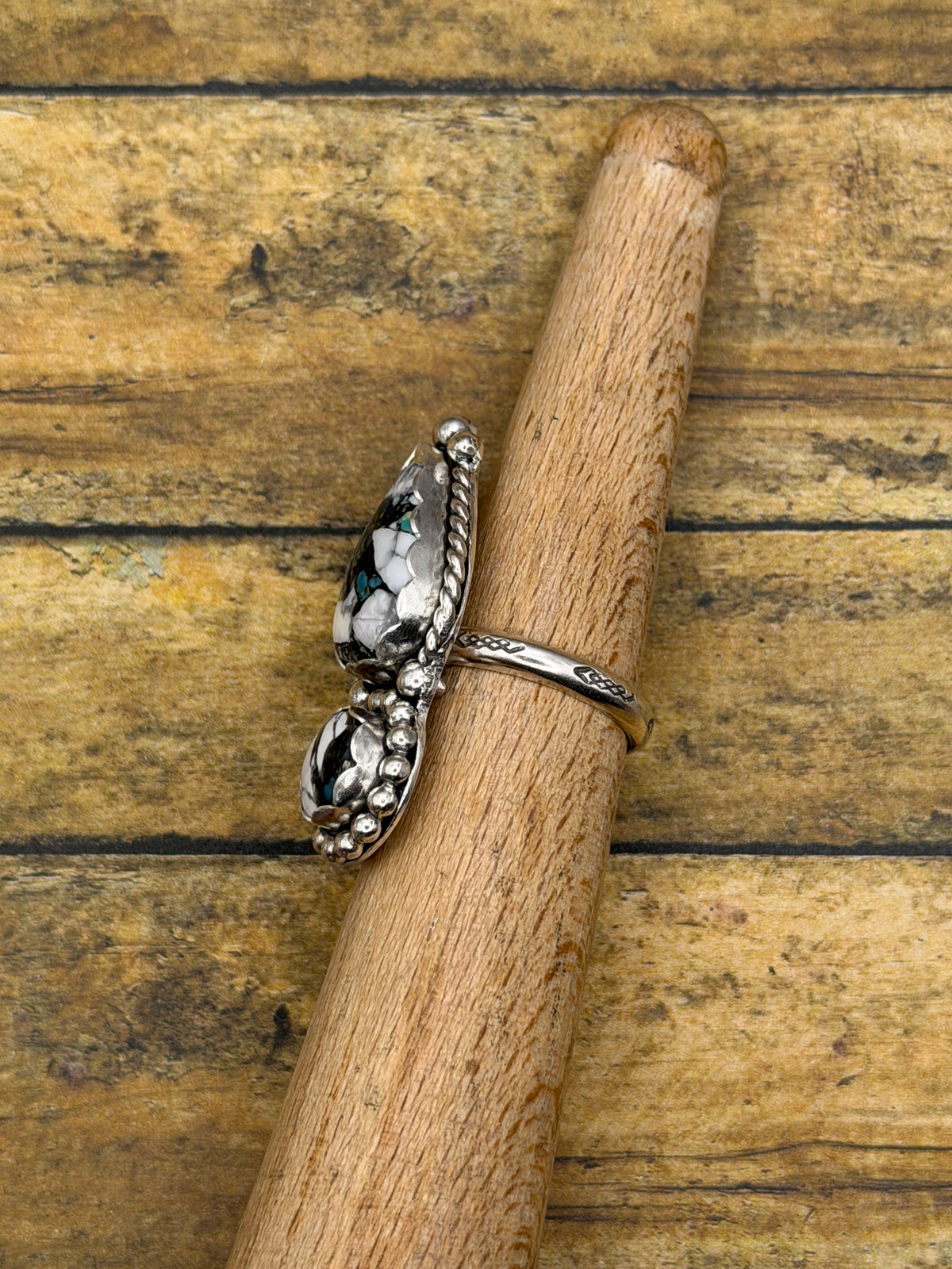 Astrid – White Buffalo Turquoise Brass Matrix Double Gemstone Ring | Sterling Silver |Southwestern Statement Ring