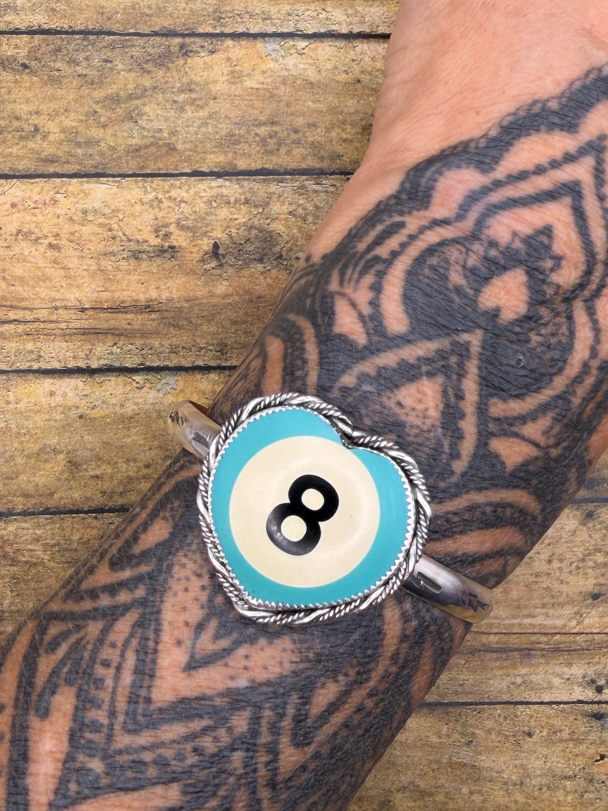 Sandy – Turquoise 8-Ball Heart Cuff | Custom Color Billiard Ball | Sterling Silver Statement Bracelet
