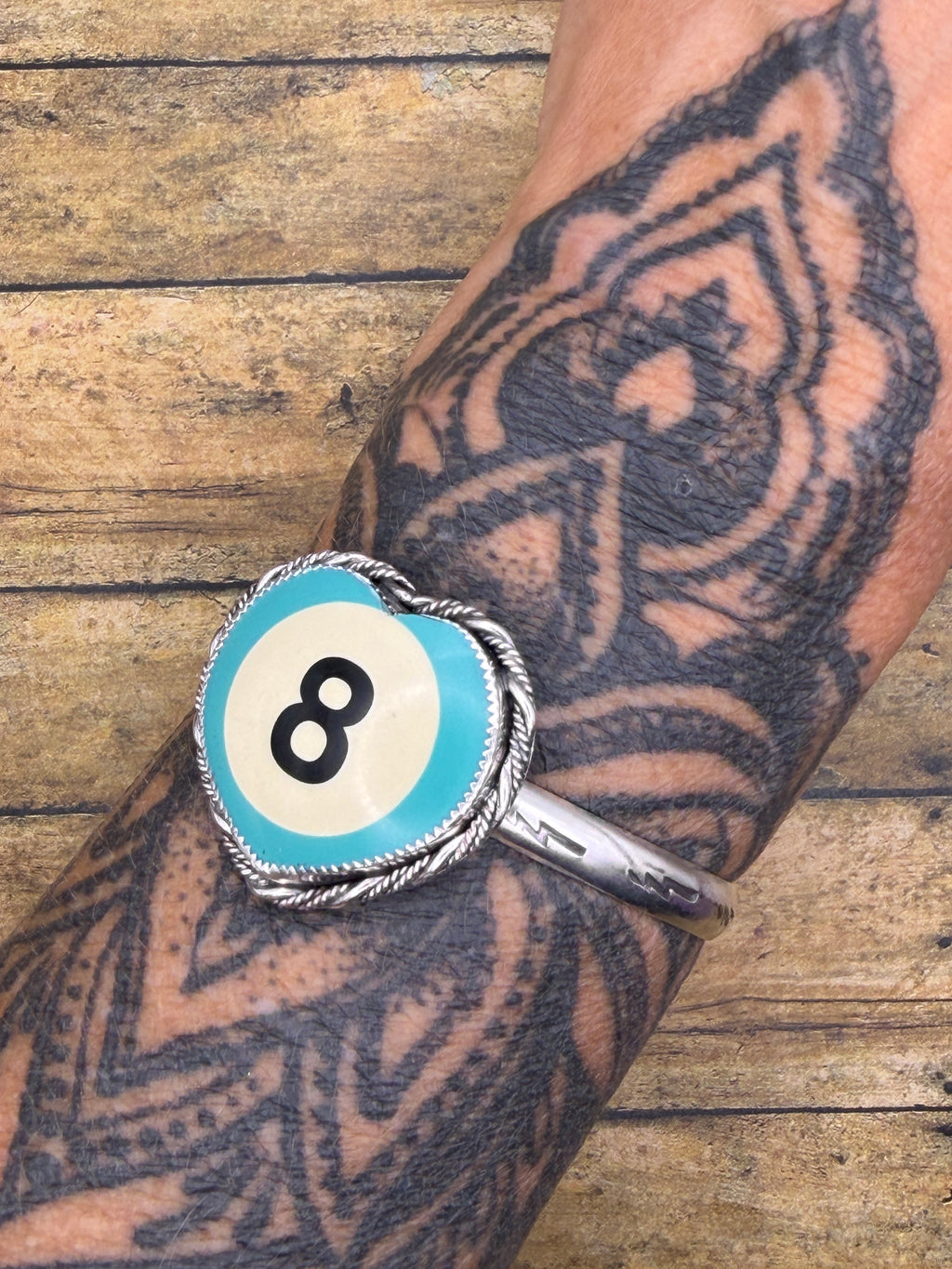 Sandy – Turquoise 8-Ball Heart Cuff | Custom Color Billiard Ball | Sterling Silver Statement Bracelet