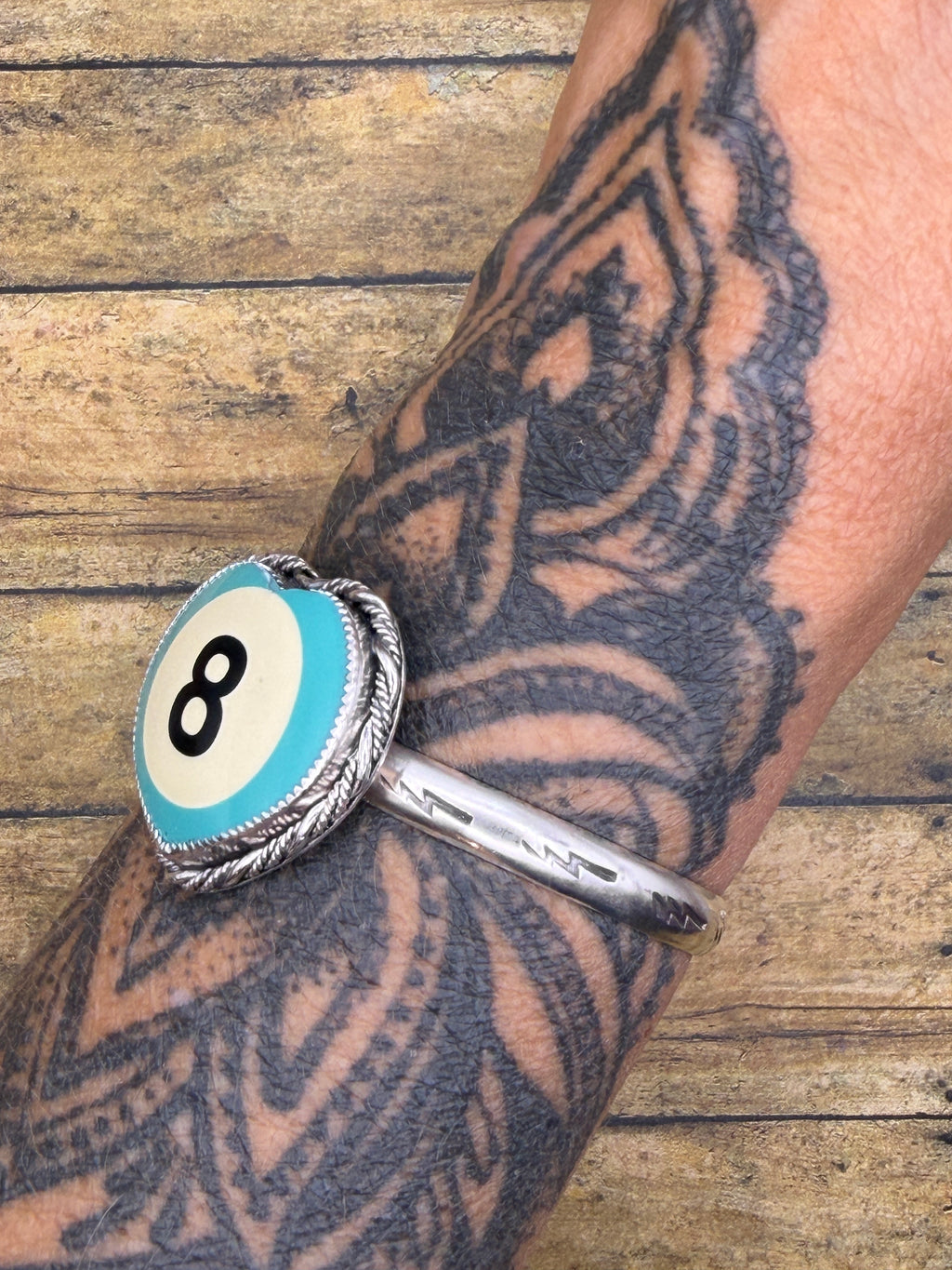 Sandy – Turquoise 8-Ball Heart Cuff | Custom Color Billiard Ball | Sterling Silver Statement Bracelet