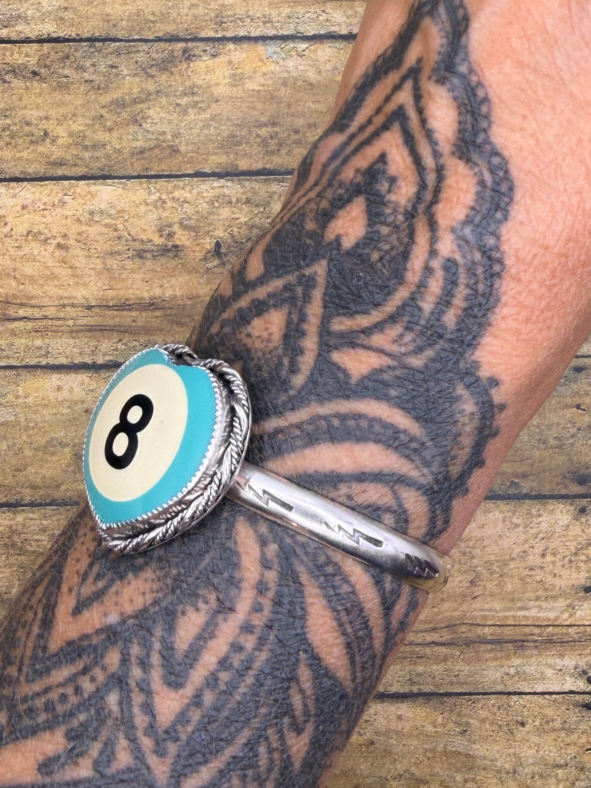 Sandy – Turquoise 8-Ball Heart Cuff | Custom Color Billiard Ball | Sterling Silver Statement Bracelet