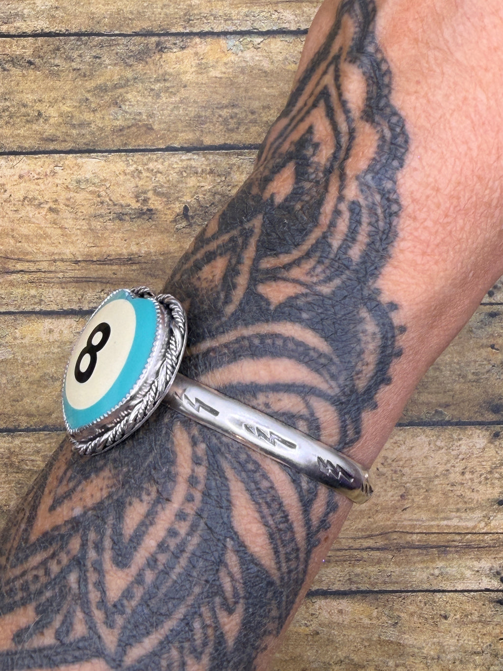 Sandy – Turquoise 8-Ball Heart Cuff | Custom Color Billiard Ball | Sterling Silver Statement Bracelet