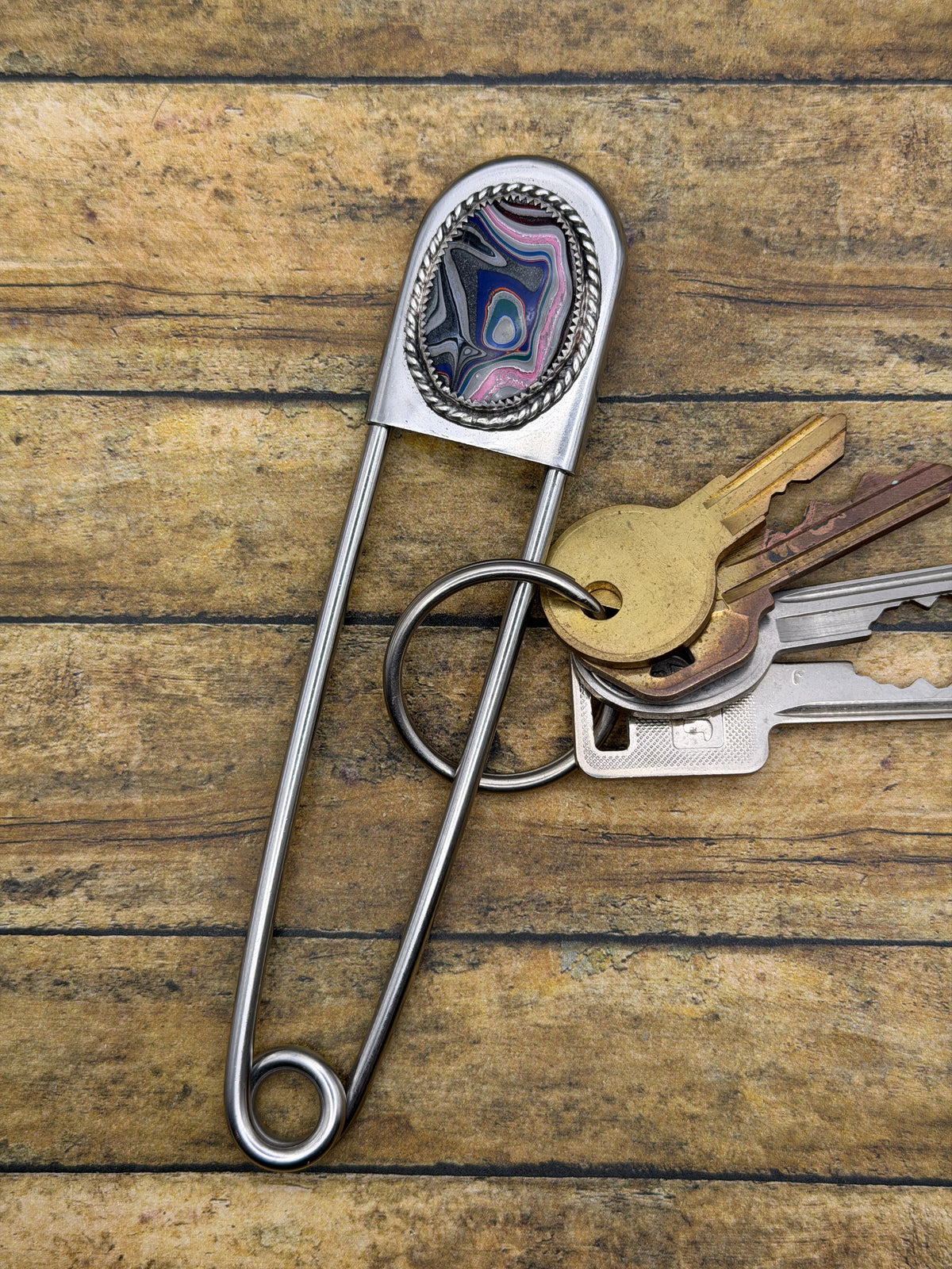 Ford – Jumbo Safety Pin Keychain with Fordite | Automotive Jewelry | Unique Car Enthusiast Gift