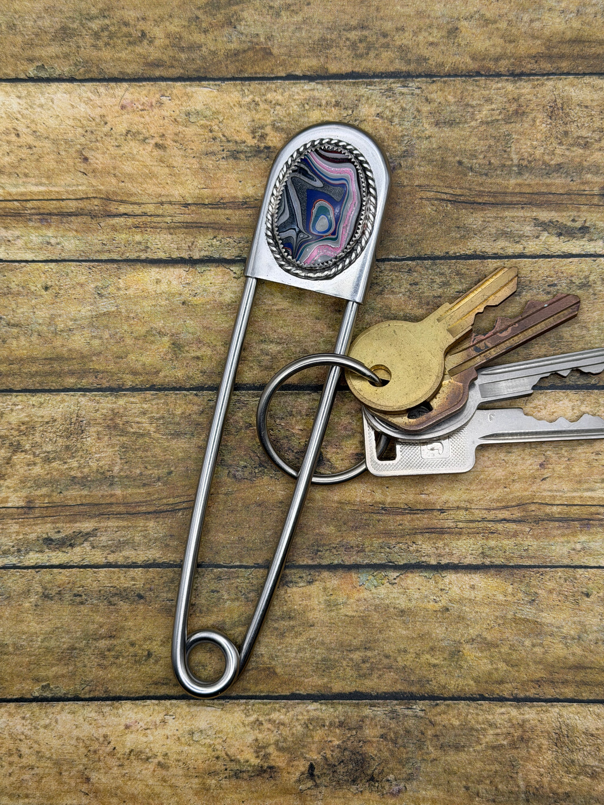 Ford – Jumbo Safety Pin Keychain with Fordite | Automotive Jewelry | Unique Car Enthusiast Gift