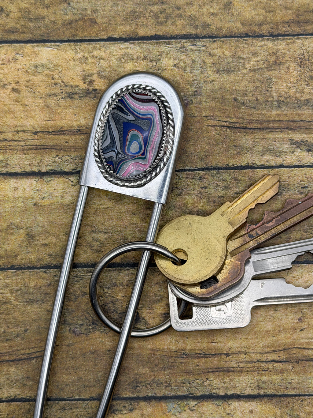 Ford – Jumbo Safety Pin Keychain with Fordite | Automotive Jewelry | Unique Car Enthusiast Gift